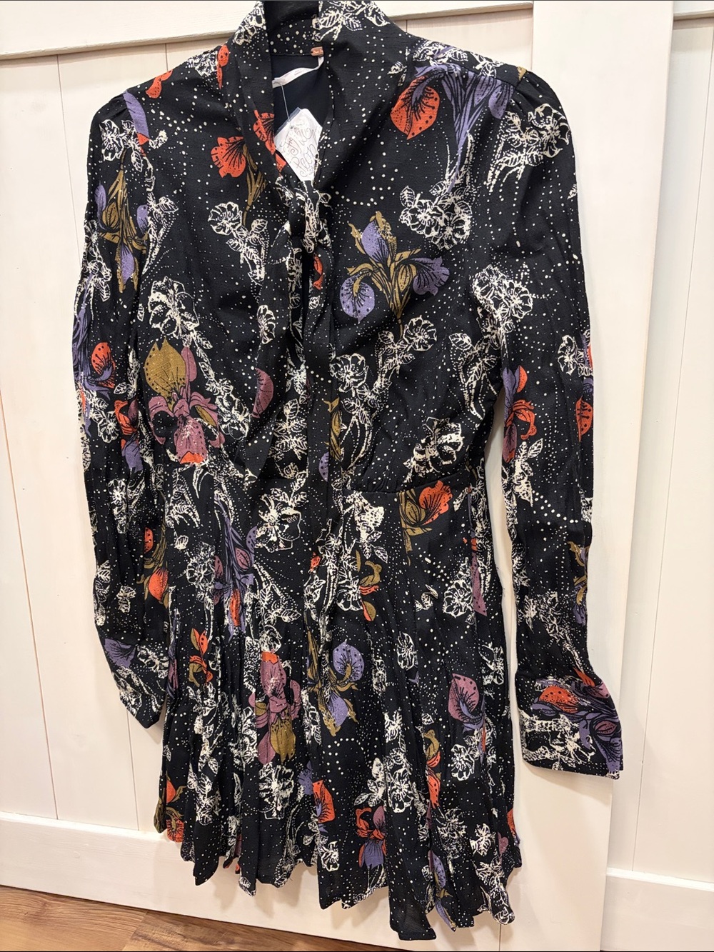 Free People Black Floral Long Sleeve Tie-Neck Mini Dress